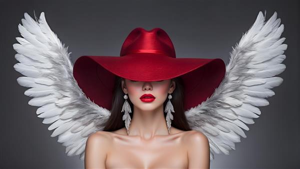 زن جوان با بالهای فرشته آرایش ماتیک قرمز و کلاه بزرگ در عکس