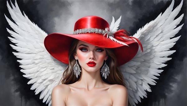 نقاشی چهره یک فرشته جذاب با بال‌های بزرگ و ژست پر شور