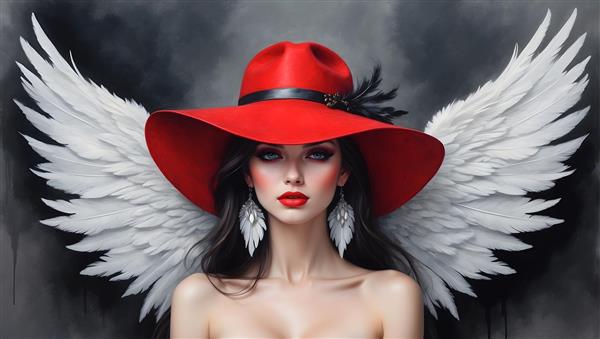 پرتره فانتزی از فرشته جوان با موهای بلند و لباس قرمز