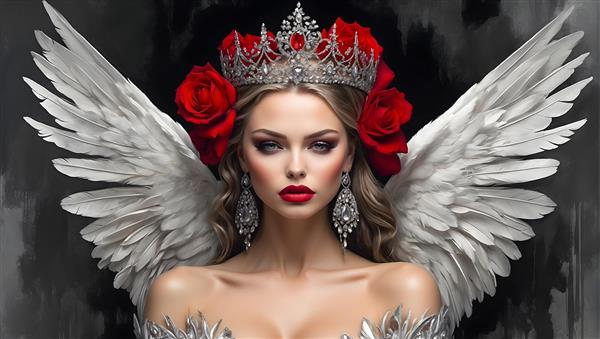 پرتره ی یک فرشته ی زیبا با بال های سفید، تاج گل رز و موهای بلند و مجعد