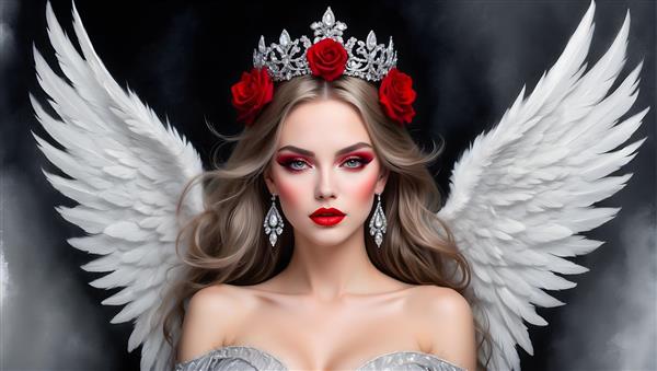 نقاشی پرتره فرشته با بال های سفید و تاج گل رز قرمز، چهره زیبا و موهای بلند