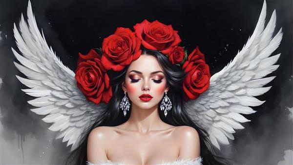 پرتره ی فرشته ای با بال های سفید و گل رز قرمز، نمادی از عشق و زیبایی