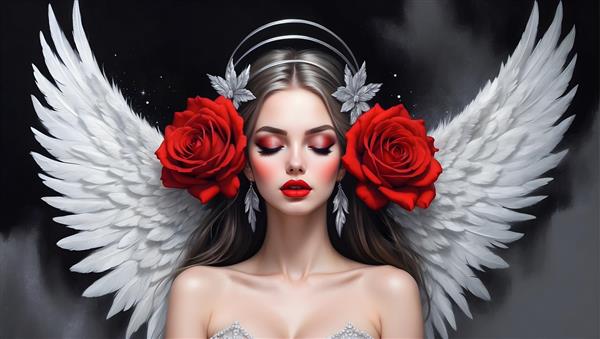 اثر هنری فاخر از پرتره ی فرشته ای با بال های نورانی و چهره ای آسمانی