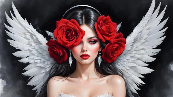 نقاشی پرتره فرشته با بال های زیبا و چهره ای جذاب پوشیده از گل های رز قرمز