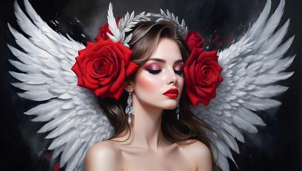 نقاشی پرتره ای از فرشته ای با بال های سفید و گل رز، نمادی از امید و رستگاری