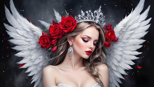 نقاشی پرتره ای از فرشته ای با بال های گل رز قرمز و آرایش ظریف