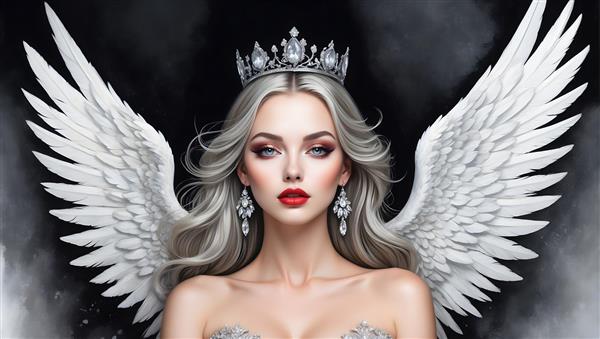 نقاشی پرتره ای از فرشته ای با بال های لطیف، تاج نقره ای و گوشواره های زمرد