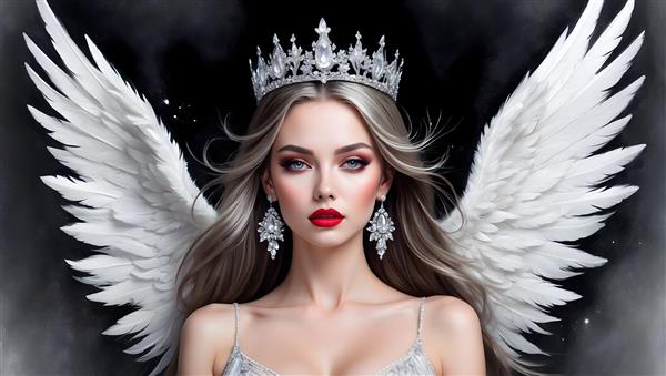 نقاشی پرتره فرشته بال های سفید و تاج نقره ای با چهره ای زیبا و موهای بلند