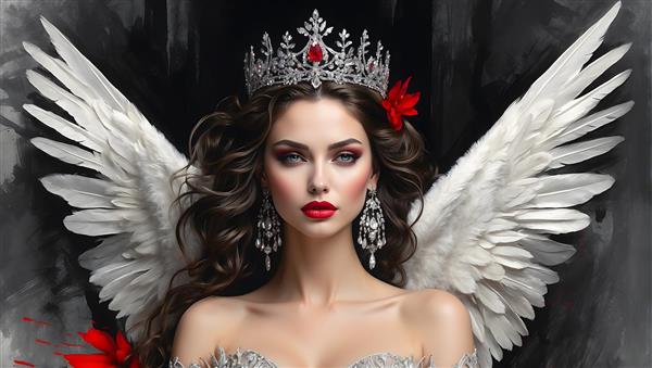 ترکیب رنگ های تیره و روشن در نقاشی پرتره فرشته ای با بال های زیبا و تاج نقره ای
