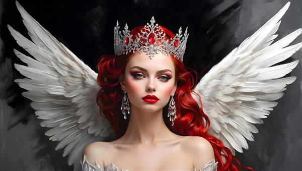 چهره ی جذاب فرشته با موهای بلند قرمز و آرایش ملایم در نقاشی پرتره