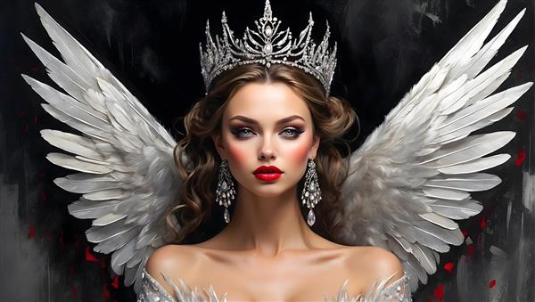 پرتره ی فرشته ای با بال های پر و تاج نقره ای، نمادی از زیبایی و ظرافت