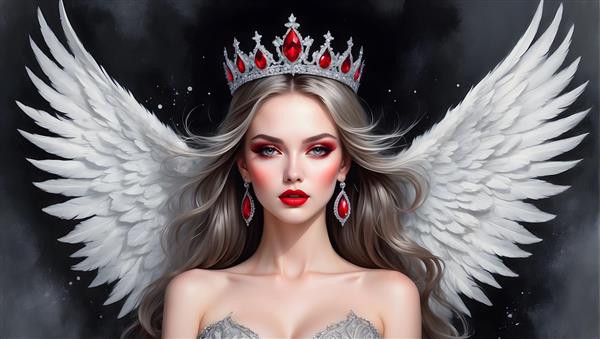 پرتره ی فرشته ای با بال های سفید و تاج، نمادی از زیبایی و ظرافت در نقاشی