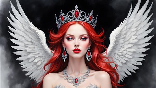 نقاشی پرتره فرشته ای با بال های سفید و تاج، نگین قرمز و لعل بر روی آن