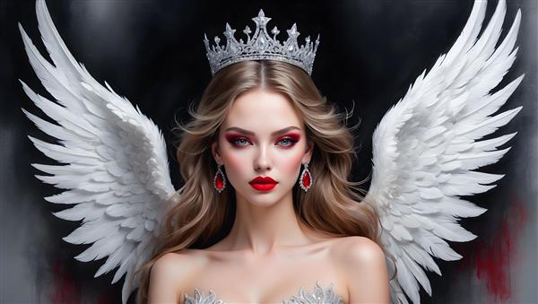 چهره ی ناز و دلنشین فرشته ای با بال های سفید و تاج در نقاشی پرتره ای هنری