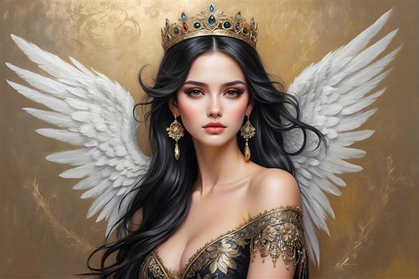 نقاشی پرتره ی فرشته ای با پس زمینه ی طلایی و جواهرات چشم نواز و موهای بلند و مشکی