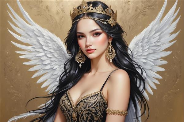 پرتره هنری فرشته با بال های پر و تاج جواهر و موهای بلند و مشکی