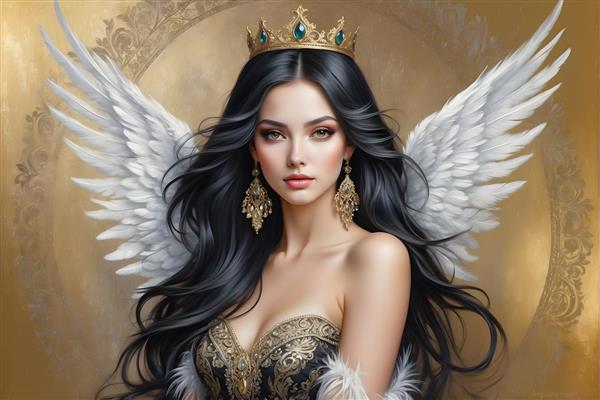 پرتره هنری فرشته با بال های پر و تاج نقره ای و ژست جذاب