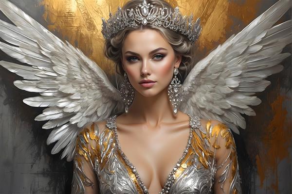 تصویر هنری پرتره فرشته ای با بال های آسمانی، تاج نورانی و گوشواره های الماس