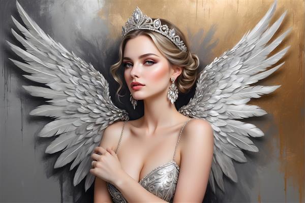 نقاشی پرتره فرشته ای با بال های نورانی، تاجی از گل و چهره ای معصوم