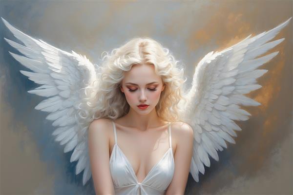 نقاشی پرتره فرشته ای معصوم با بال های زیبا، موهای فر و ژست پر از آرامش