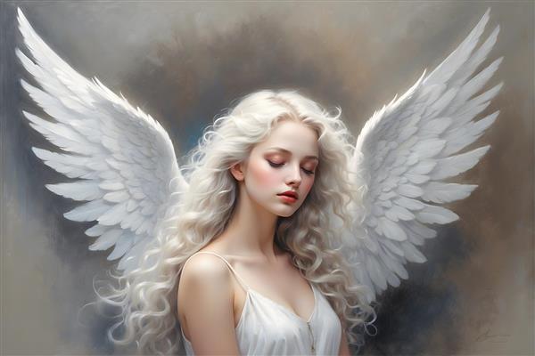 نقاشی پرتره فرشته بال های پر و موهای فر بلند اثر هنری نفیس