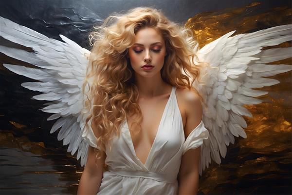 چهره ناز فرشته با بال های پر و موهای فر بلند نقاشی هنری