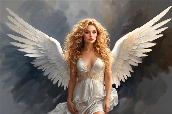 تابلو نقاشی نفیس با تصویر فرشته ای با بال های ظریف، موهای فر طلایی و لباس بلند