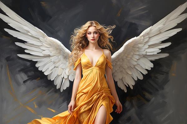 چهره جذاب فرشته با ژست پر و لباس بلند در نقاشی هنری