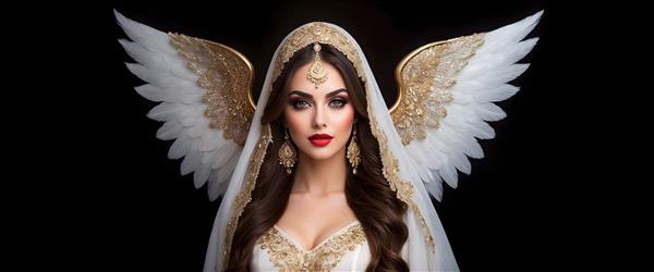 پرتره ی هنری فرشته ای با لباس فاخر و جواهرات و موهای بلند طلایی