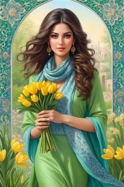 نمادی از بهار و سرزندگی: نقاشی دختر جوان ایرانی در باغ نوروزی