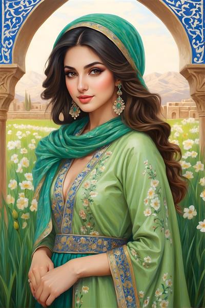 دختر جوان ایرانی با لباس بلند و موهای بلند در نقاشی بهاری