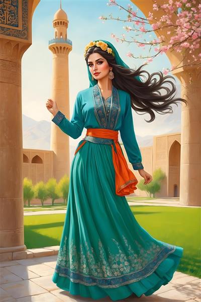 نقاشی دختر ایرانی با شال و موهای بلند در باغ نوروزی