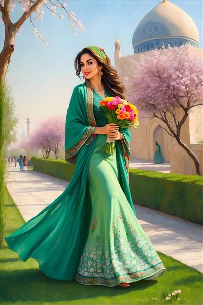 نوروز و بهار در نقاشی دختر جوان ایرانی با دسته گل