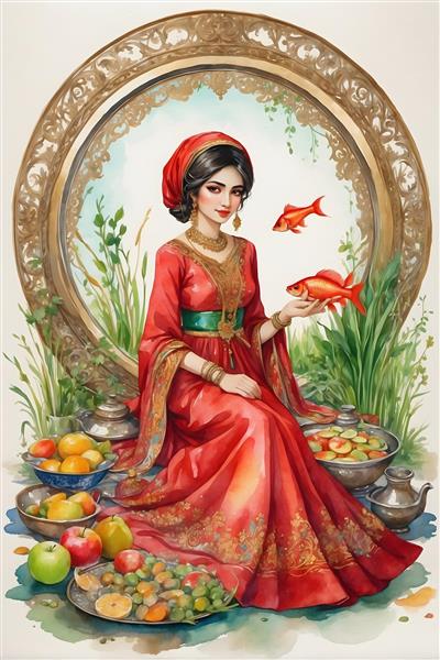 نقاشی آبرنگ از چهره شاد و تبریک عید نوروز توسط دختر ایرانی