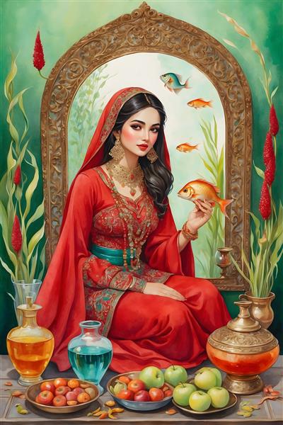 نقاشی آبرنگ از سنت های ایرانی در نوروز با حضور دختر