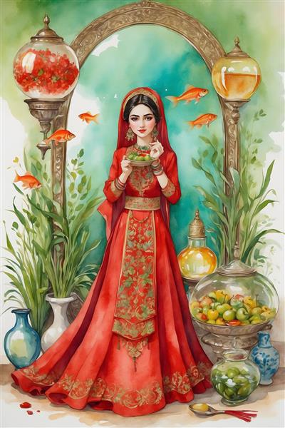 نقاشی آبرنگ از شادی و شور و شعف عید نوروز با دختر ایرانی