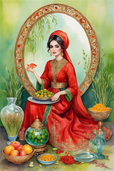 نقاشی آبرنگ از دختر ایرانی در حال چیدن سبزه برای عید نوروز