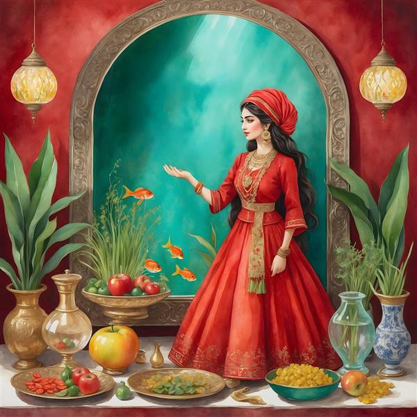 تبریک سال نو با نقاشی آبرنگی دختر ایرانی و هفت سین