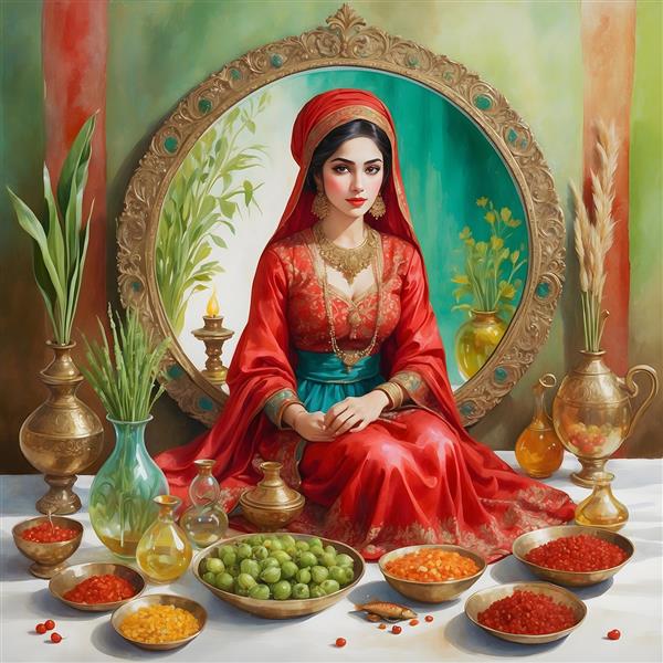 نوروز باستانی با نقاشی آبرنگی، دختر ایرانی و ماهی قرمز