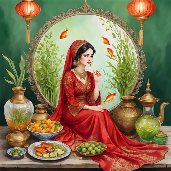 زیبایی نوروز ایرانی در نقاشی آبرنگی با دختر و ماهی قرمز
