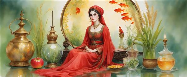 نقاشی آبرنگی از دختر جوان ایرانی در نوروز با ماهی قرمز