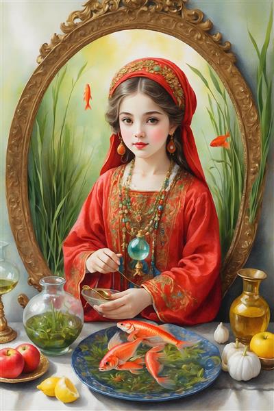 تبریک عید نوروز با نقاشی آبرنگی از دختر کوچک ایرانی و ماهی قرمز