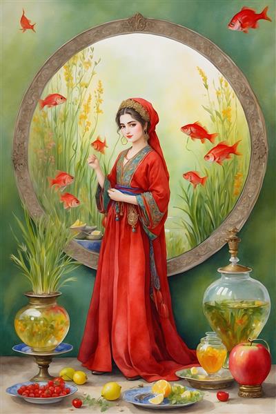 زیبایی و طراوت در نقاشی آبرنگی از دختر ایرانی در نوروز