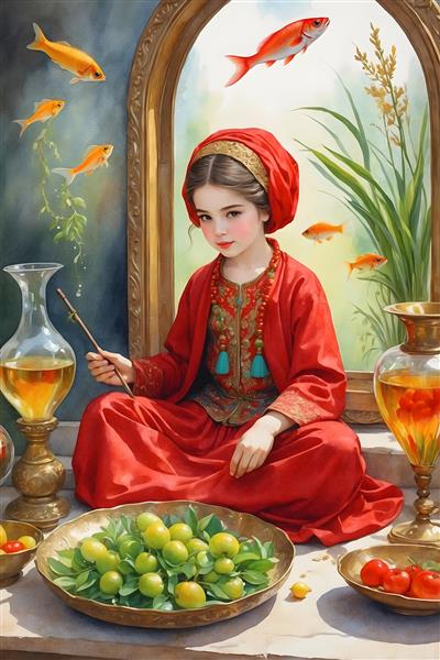 سنت های ایرانی در نوروز با نقاشی آبرنگی از دختر و ماهی قرمز