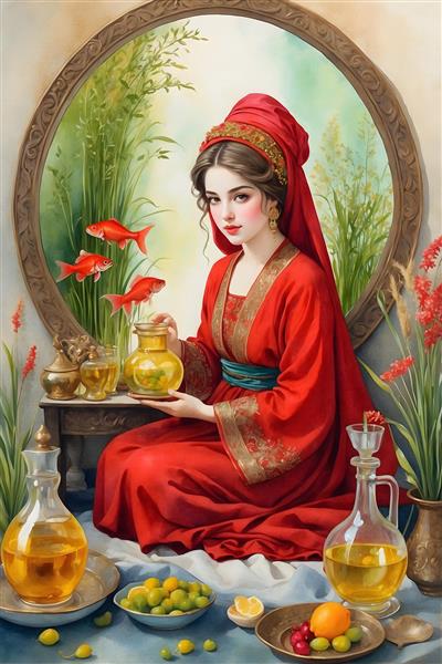 نقاشی آبرنگی از دختر ایرانی با موهای بلند و شال قرمز در نوروز