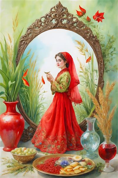 چهره جذاب و ناز دختر ایرانی در نقاشی نوروزی با ماهی قرمز