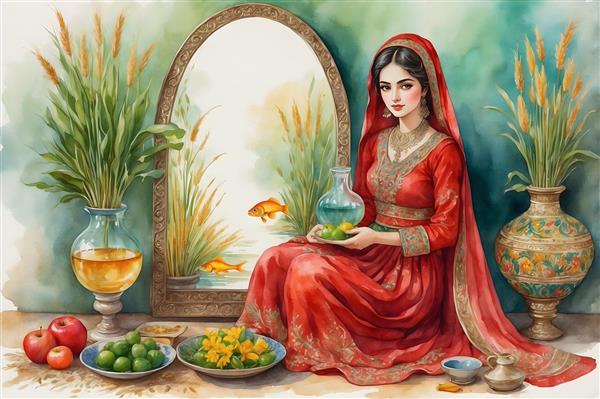 نقاشی آبرنگی از سنت های ایرانی در نوروز با دختر زیبا