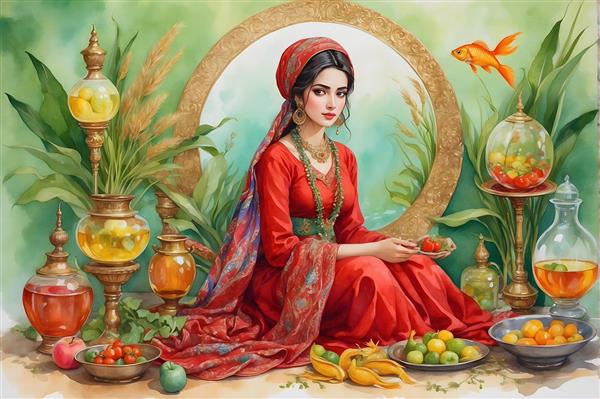 سبزه و آیینه در نقاشی آبرنگی نوروز با دختر ایرانی