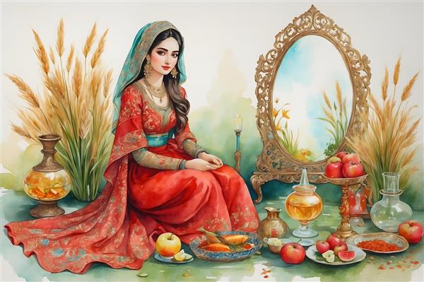 تبریک عید نوروز با نقاشی آبرنگی از دختر ایرانی زیبا با لباس قرمز