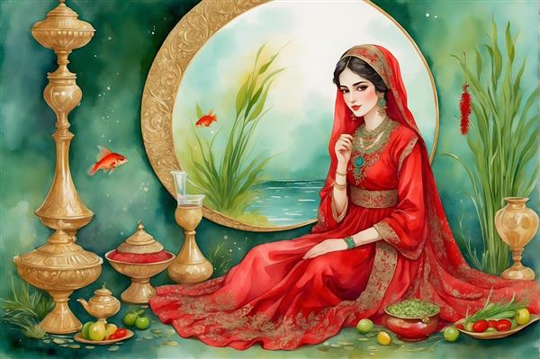 نوروز باستانی با نقاشی آبرنگی، دختر ایرانی و ماهی قرمز شاد